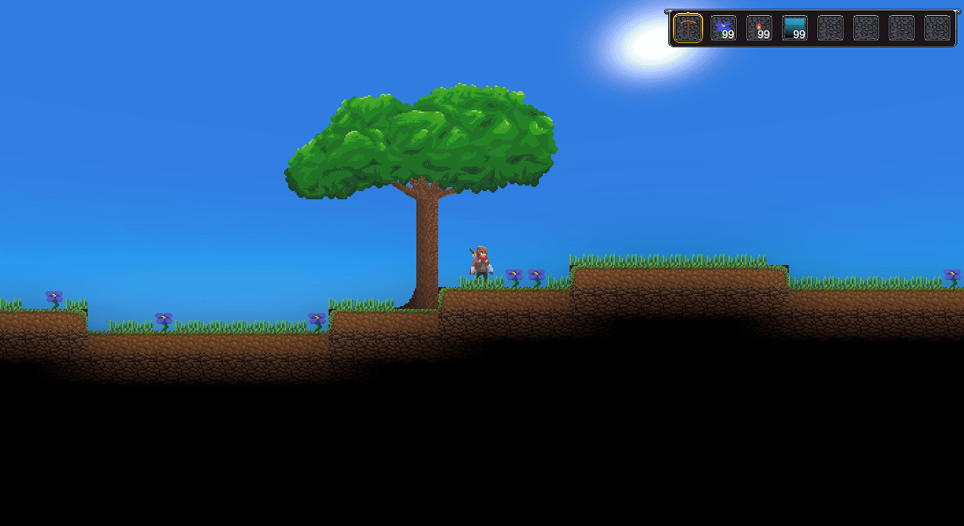Demonstration of the MageForge Game. Depicts 2D pixel art character running around, breaking 2D terrain, falling into a cave system, spawning water, and building a small house while making a window in the background of the terrain.